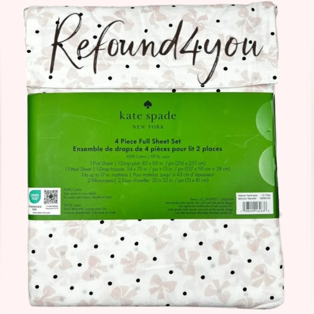 kate spade - ‘Bows & Polkadots’ Full Size Sheet Set. Blush pink.  NWT Firm!